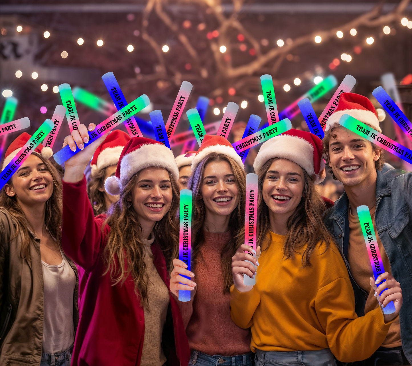 Excited young attendees enjoying Christmas corporate events with personalised glow sticks