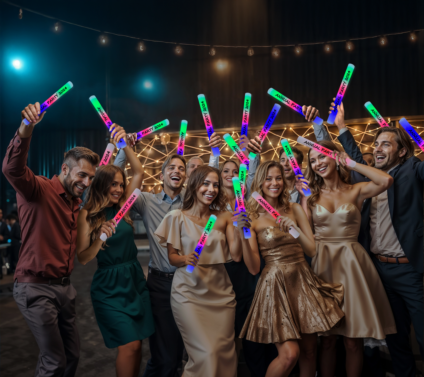Corporate professionals enjoying a night of dancing with personalised glow sticks