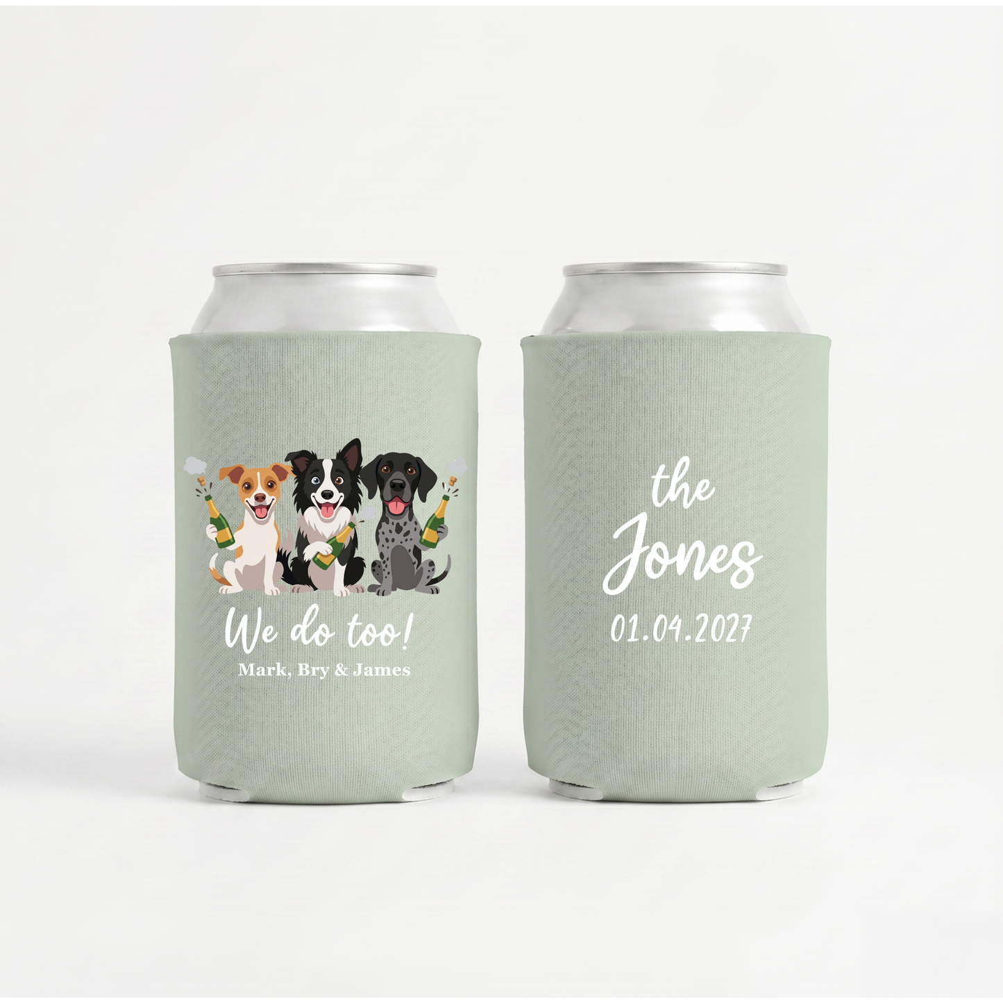 Stubby Holders with pets and champagne