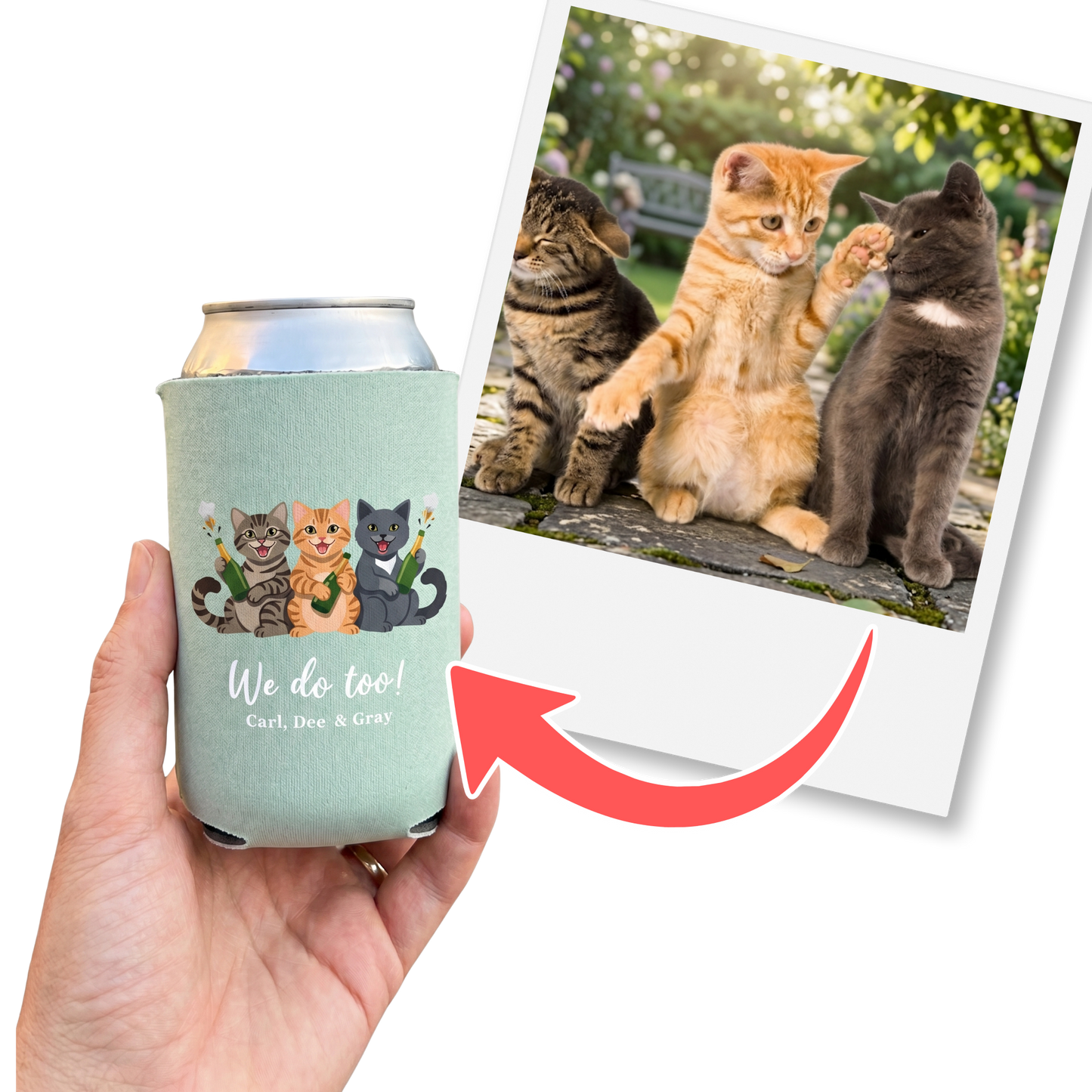 Stubby Holders with pets and champagne
