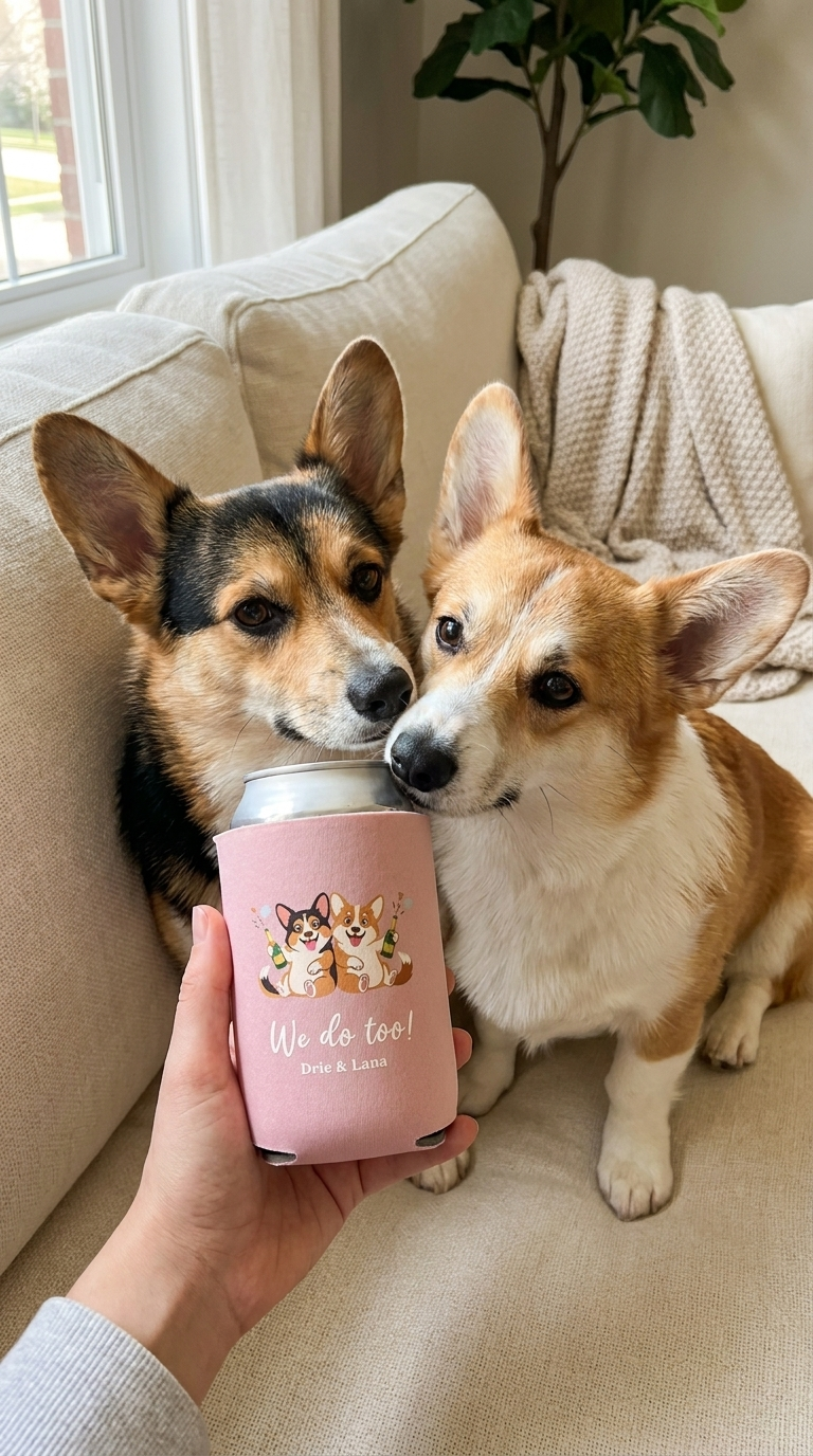 Stubby Holders with pets and champagne